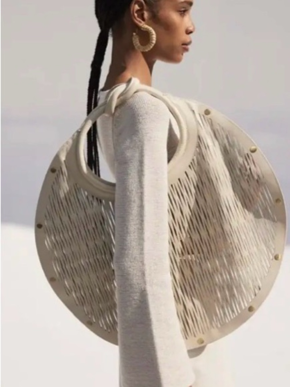Cult Gaia genuine leather Round Woven Cream Shoulder Bag